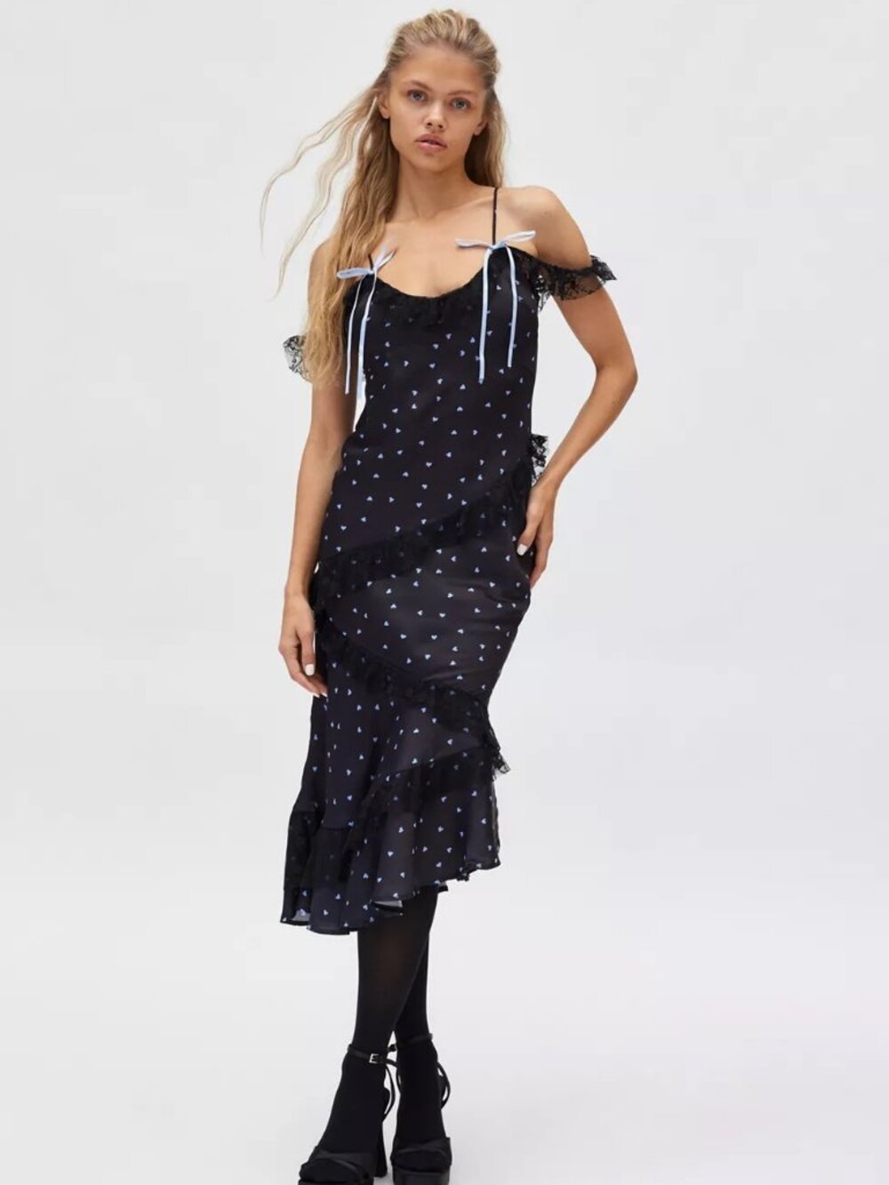 UO Kimchi Blue Adalyn Satin Off the Shoulder Asymmetric Midi Slip Dress Small
